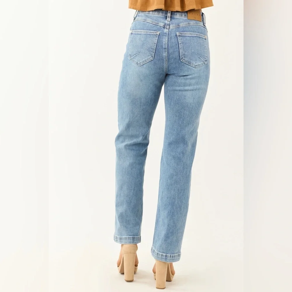 NWT Saige Denim Button Detail Side Panel Tummy Control Straight Leg Denim Jeans - Picture 8 of 11